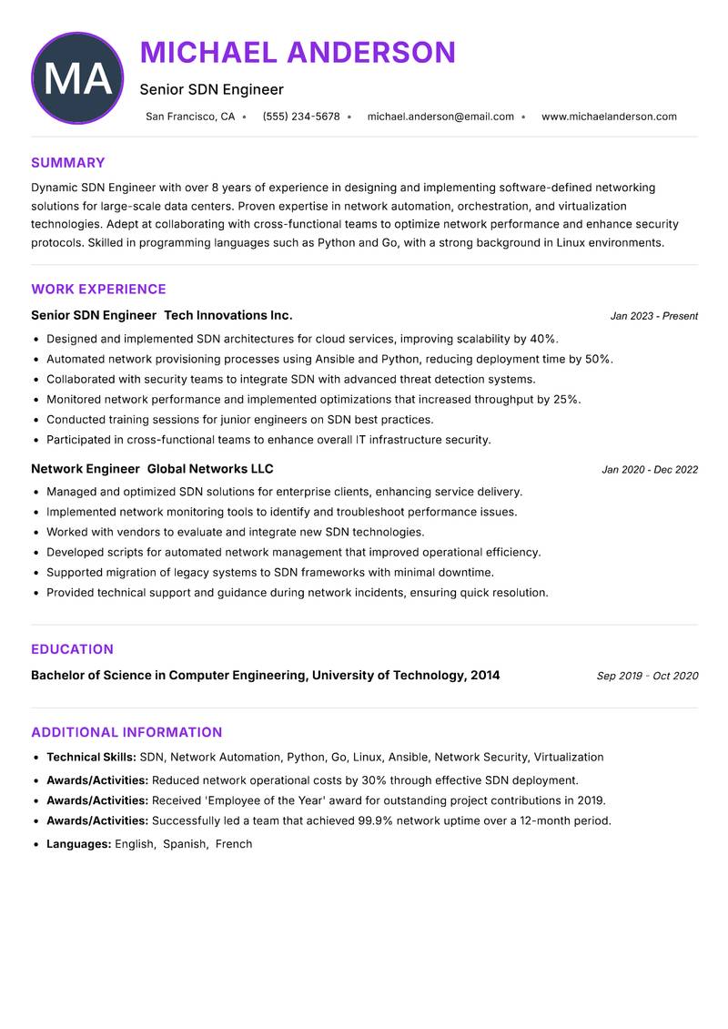 SDN Engineer Resume Preview Example
