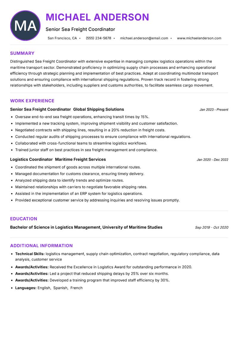 Sea Freight Coordinator Resume Preview Example