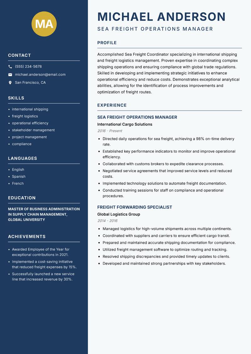 Sea Freight Coordinator Resume Preview Example