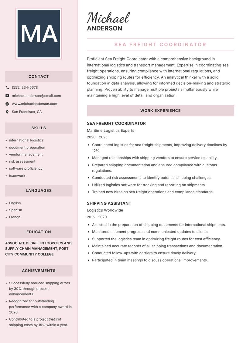 Sea Freight Coordinator Resume Preview Example