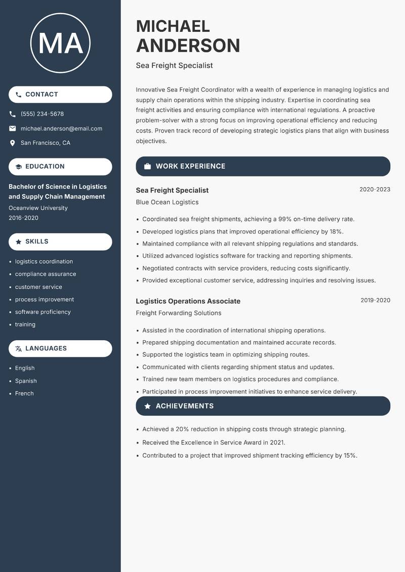 Sea Freight Coordinator Resume Preview Example