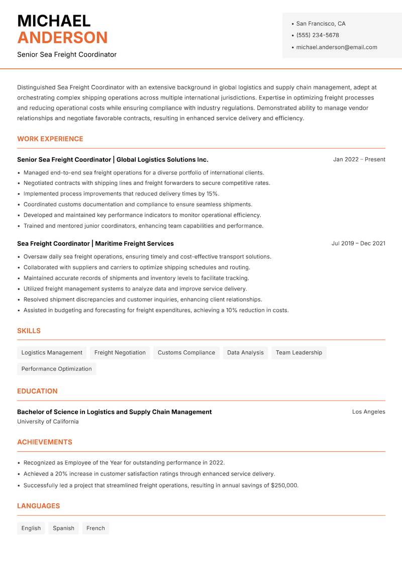 Sea Freight Coordinator Resume Template