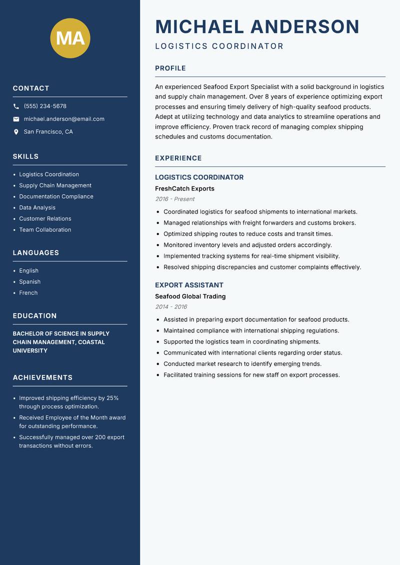 Seafood Export Specialist Resume Preview Example