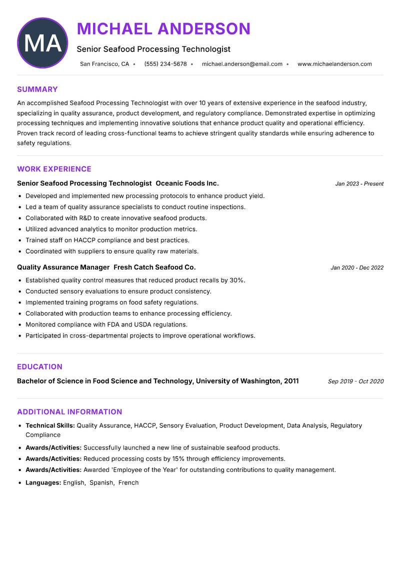Seafood Processing Technologist Resume Preview Example