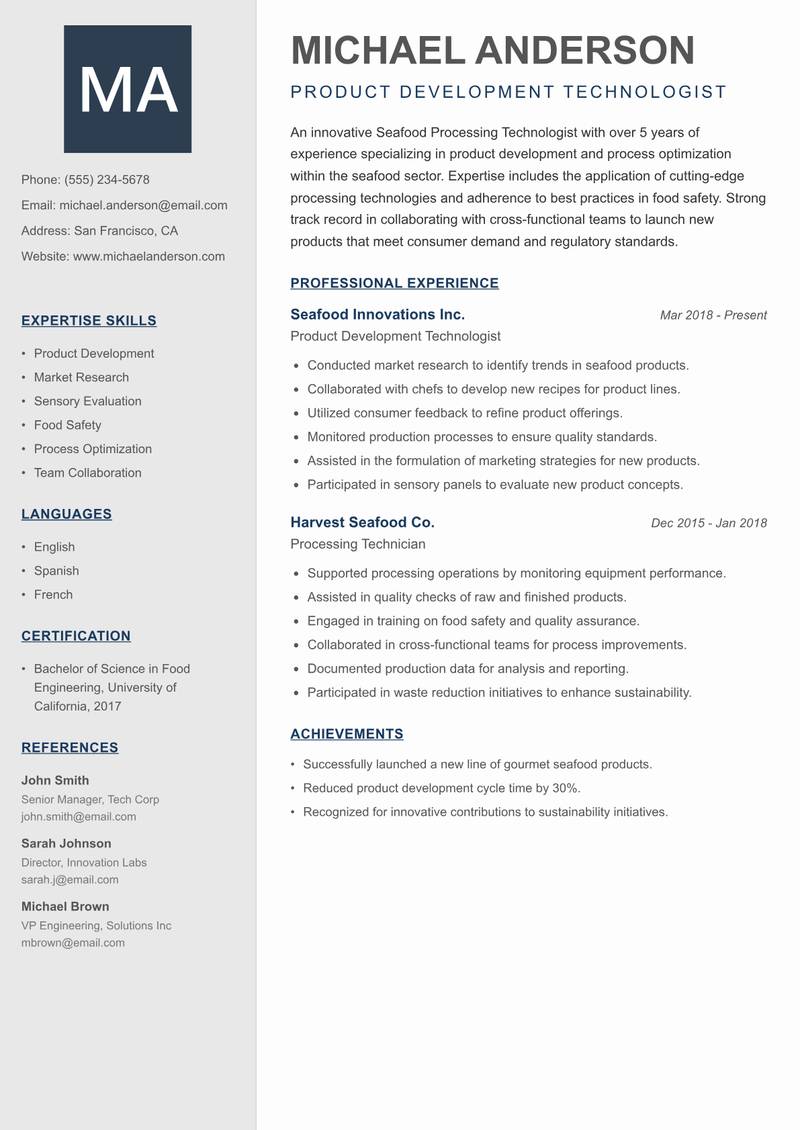 Seafood Processing Technologist Resume Preview Example