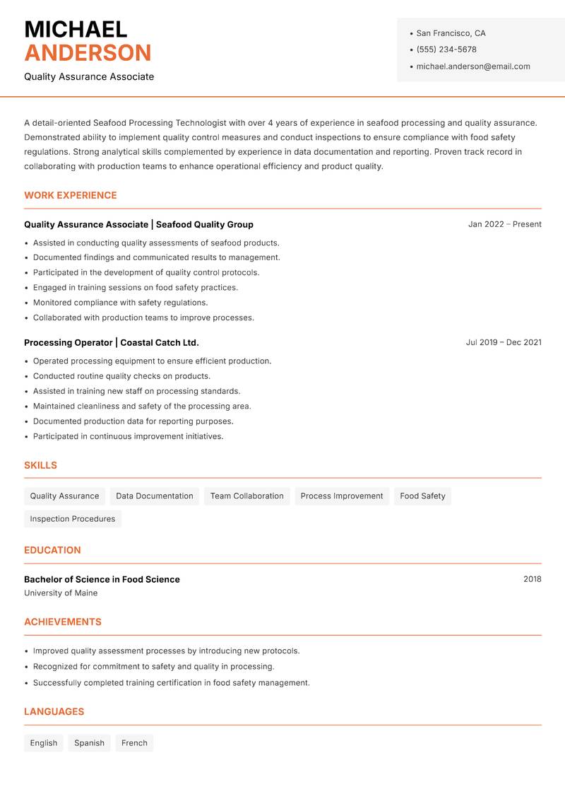 Seafood Processing Technologist Resume Template