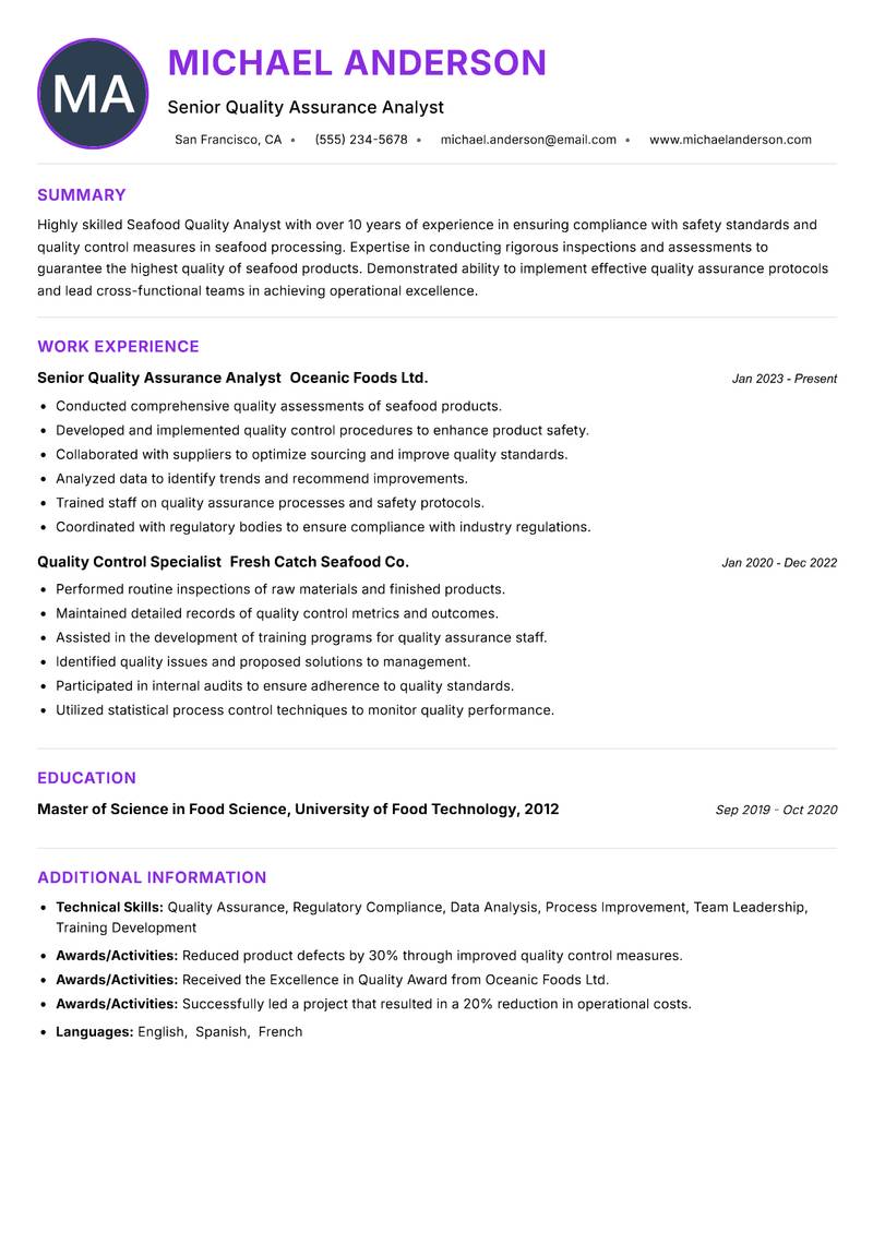Seafood Quality Analyst Resume Preview Example