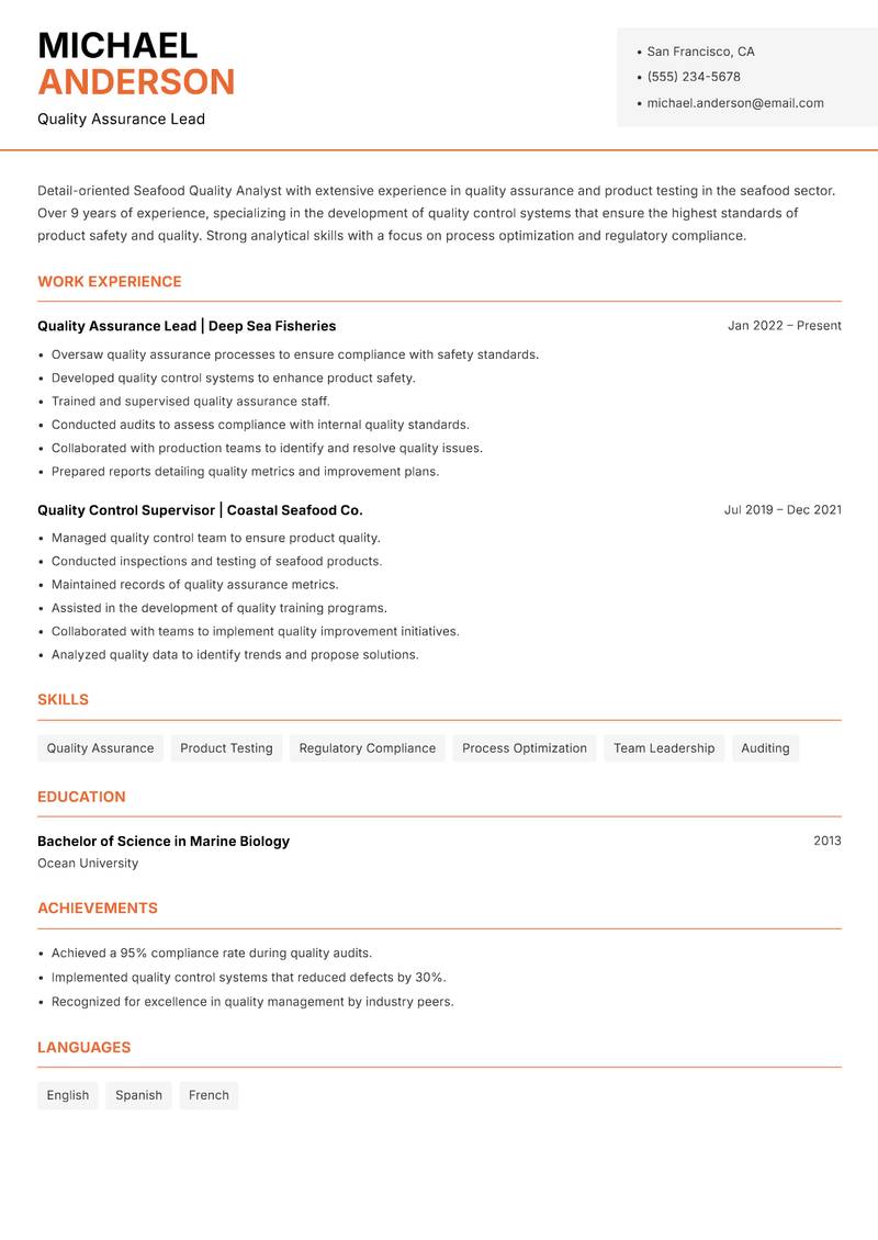 Seafood Quality Analyst Resume Template