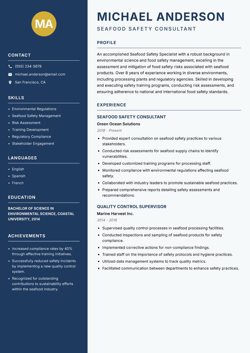 Seafood Safety Specialist Resume Preview Example