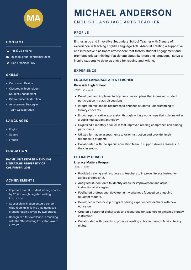 Secondary School Teacher Resume Preview Example