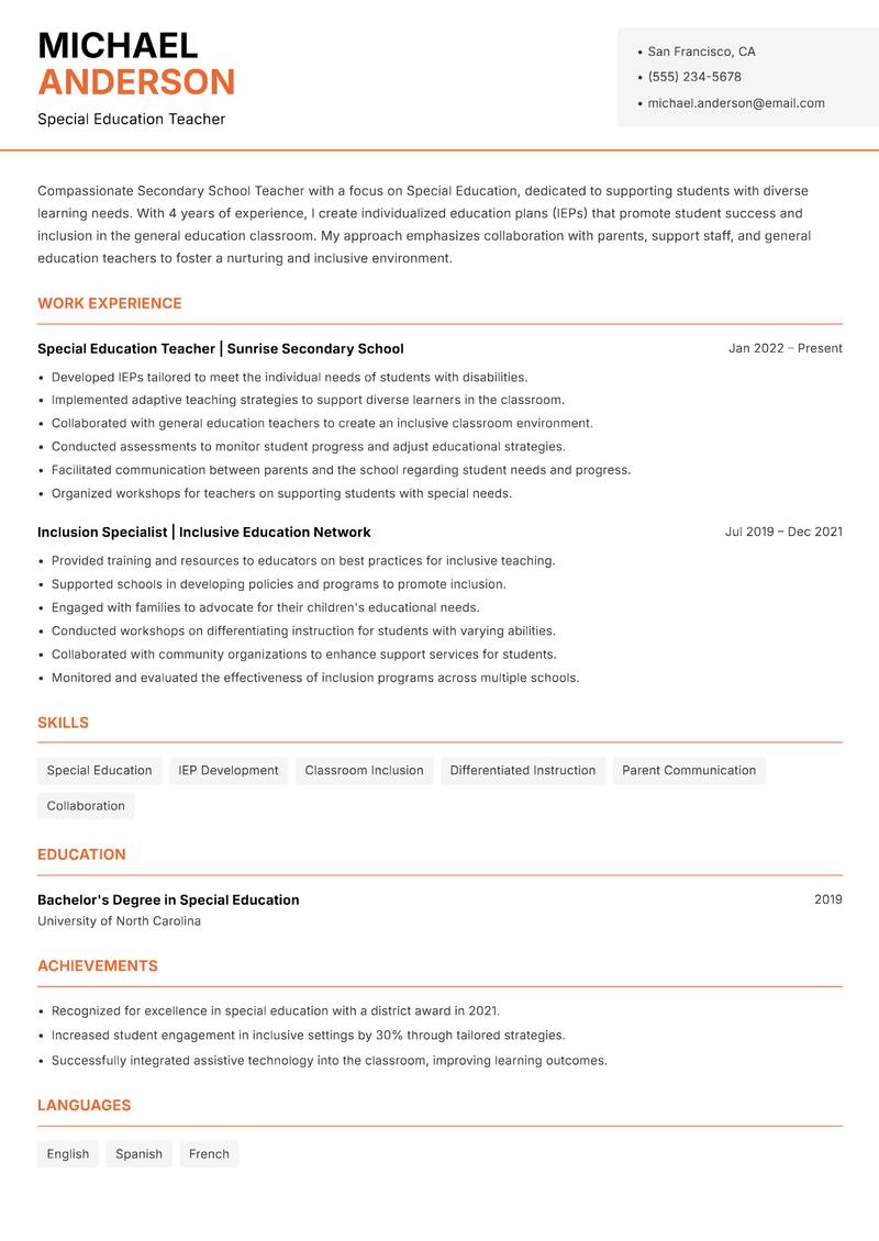 Secondary School Teacher Resume Template