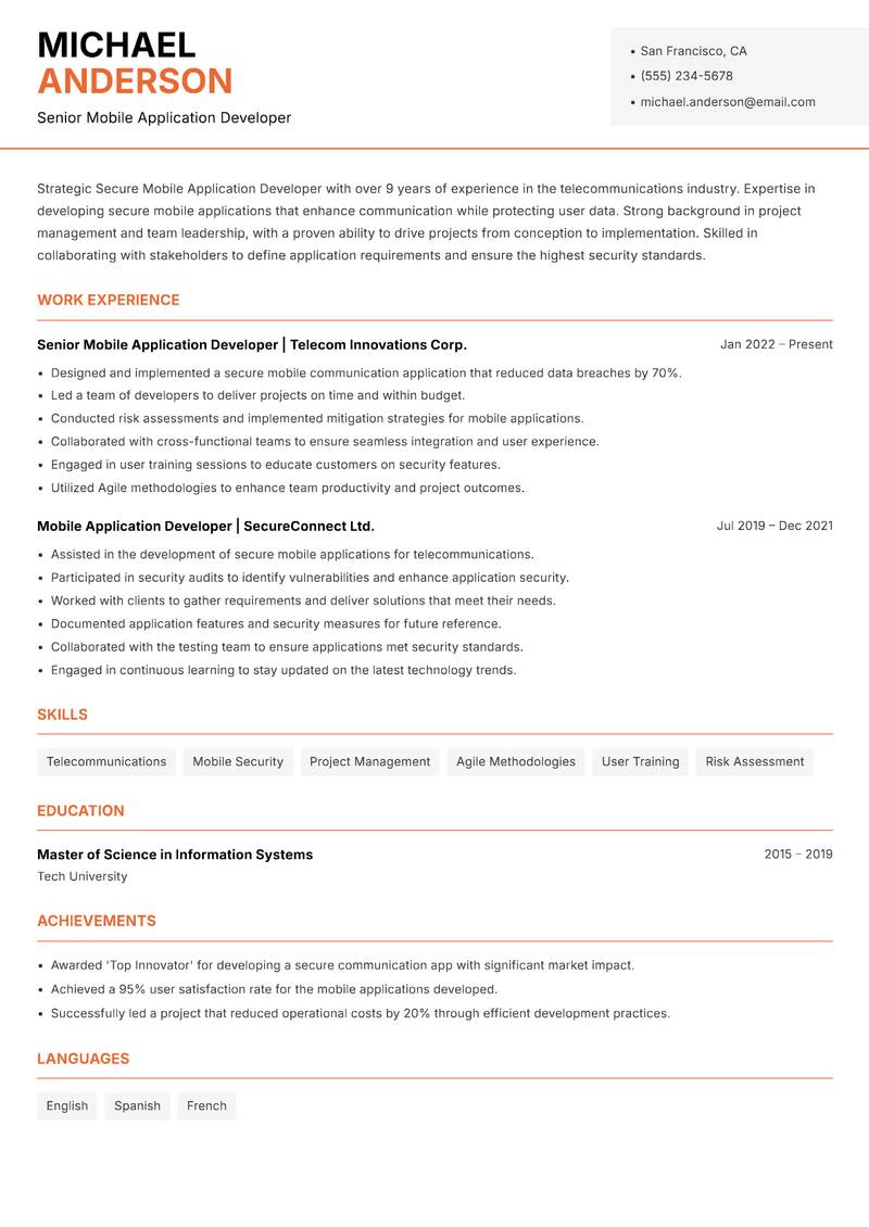 Secure Mobile Application Developer Resume Template