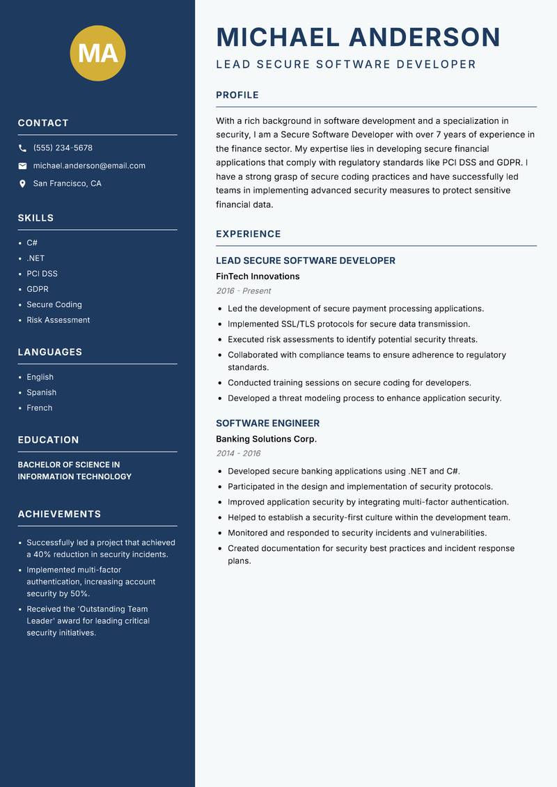 Secure Software Developer Resume Preview Example