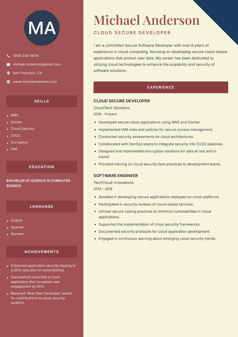 Secure Software Developer Resume Preview Example