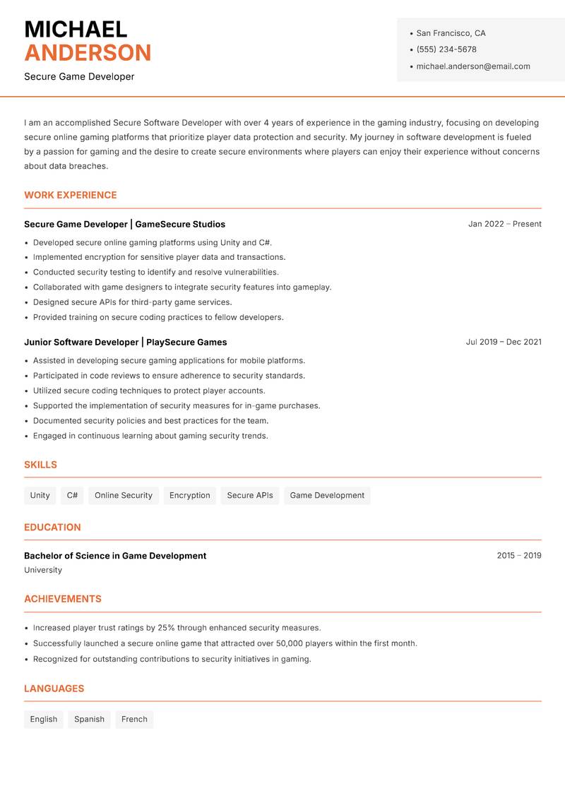 Secure Software Developer Resume Template