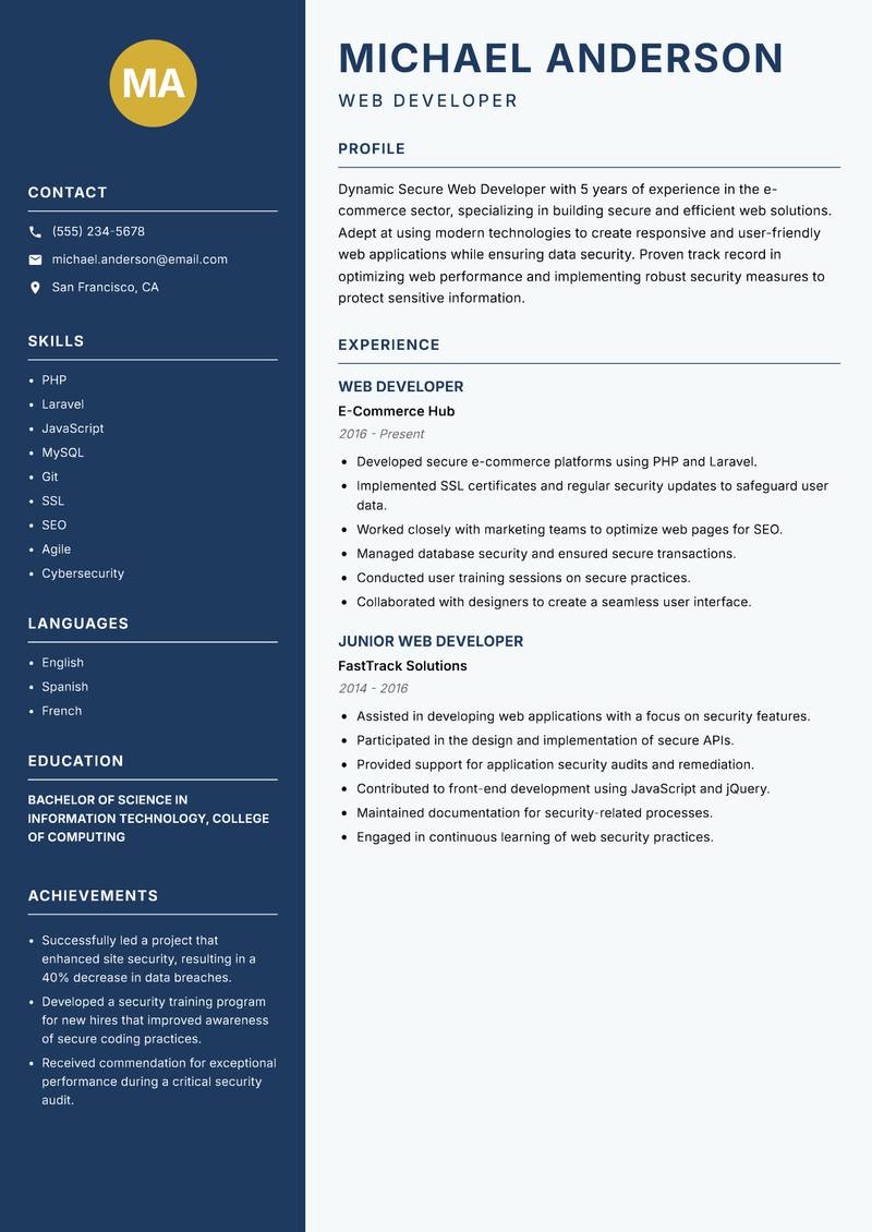 Secure Web Developer Resume Preview Example