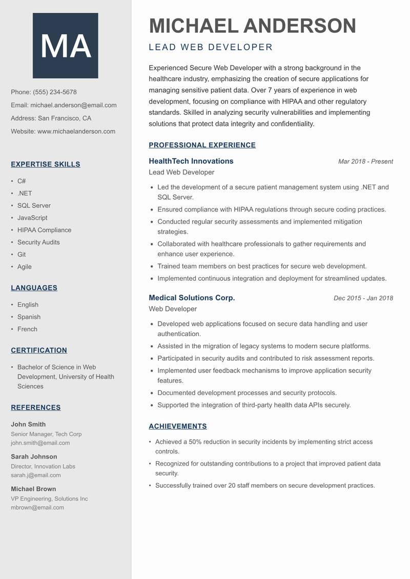 Secure Web Developer Resume Preview Example