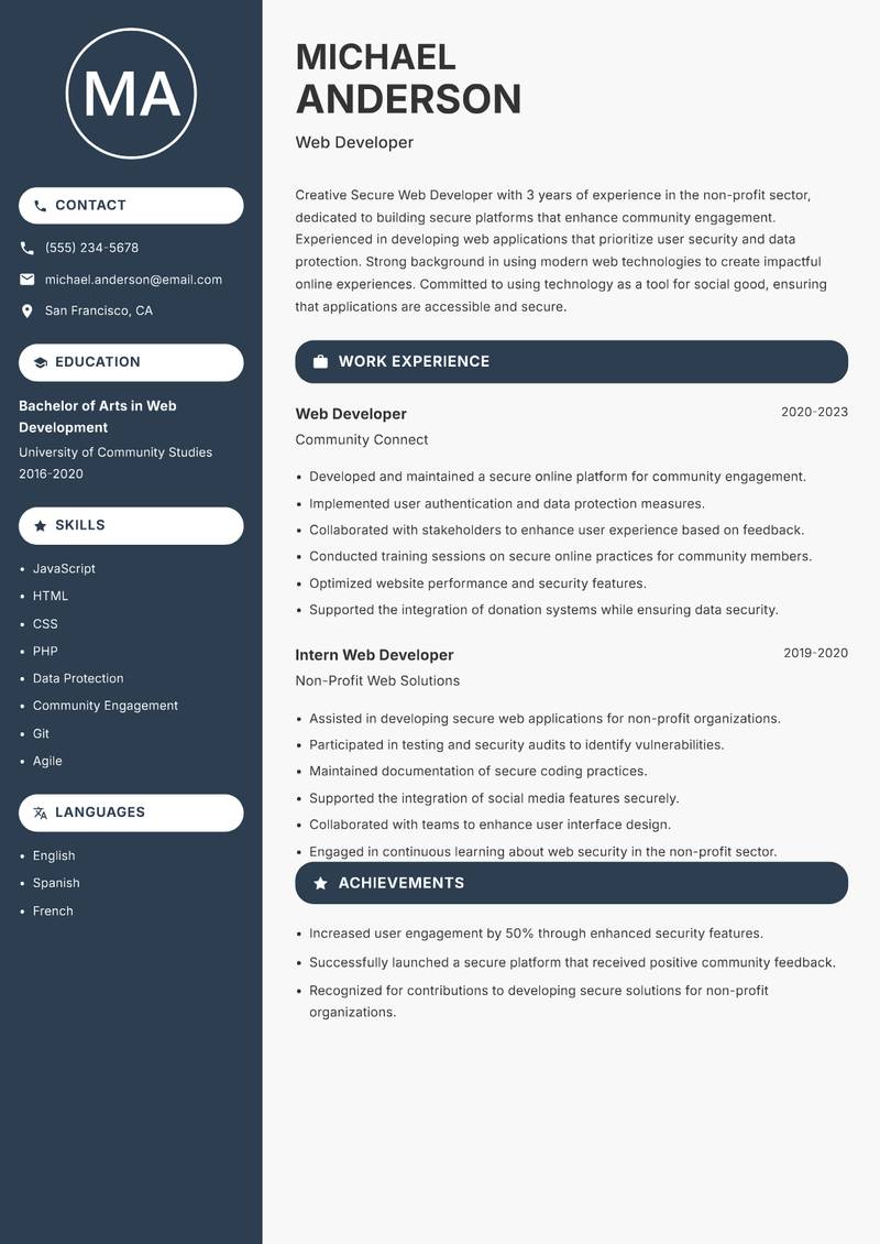 Secure Web Developer Resume Preview Example