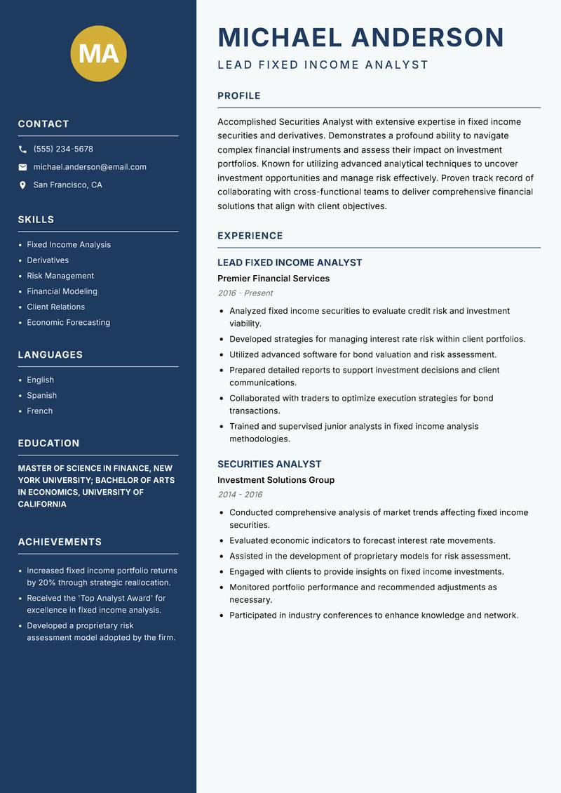 Securities Analyst Resume Preview Example