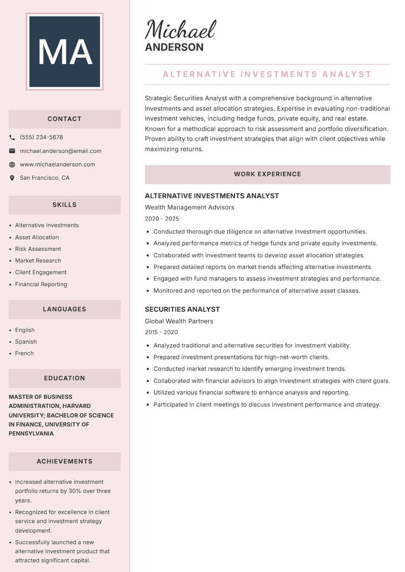 Securities Analyst Resume Preview Example