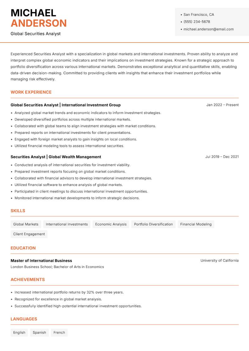 Securities Analyst Resume Template
