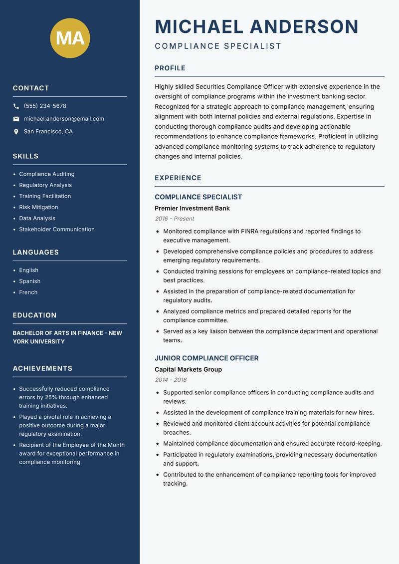 Securities Compliance Officer Resume Preview Example