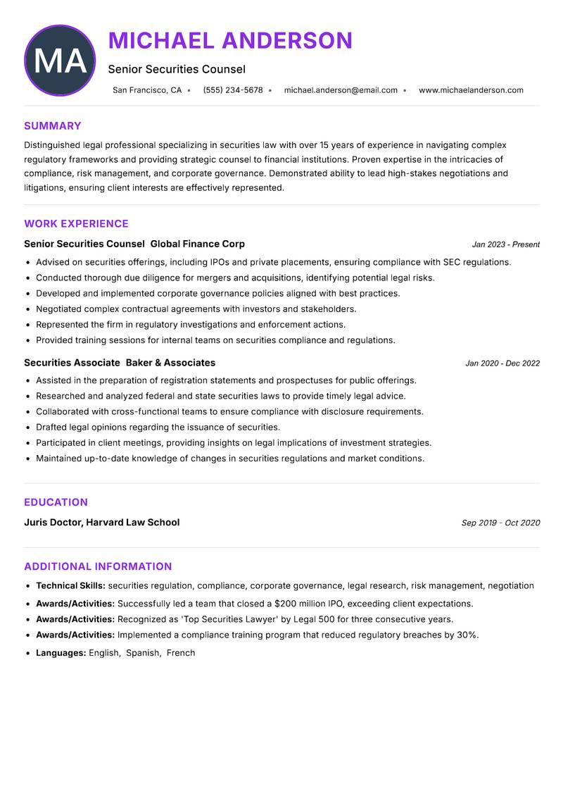 Securities Lawyer Resume Preview Example