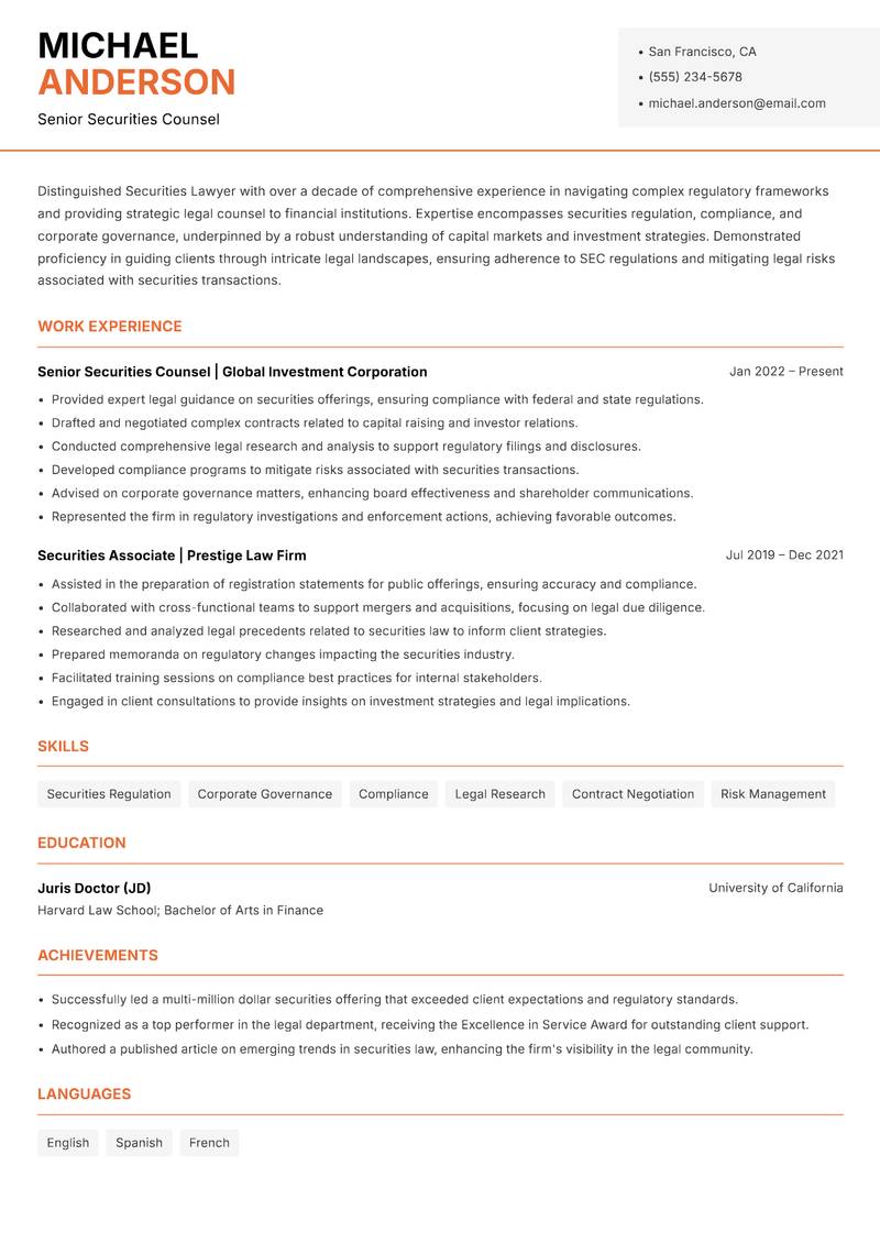 Securities Lawyer Resume Template
