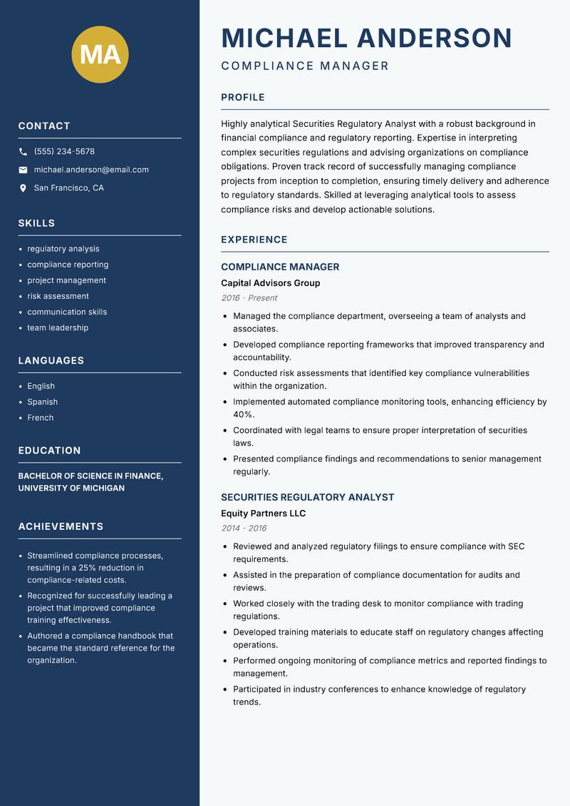 Securities Regulatory Analyst Resume Preview Example