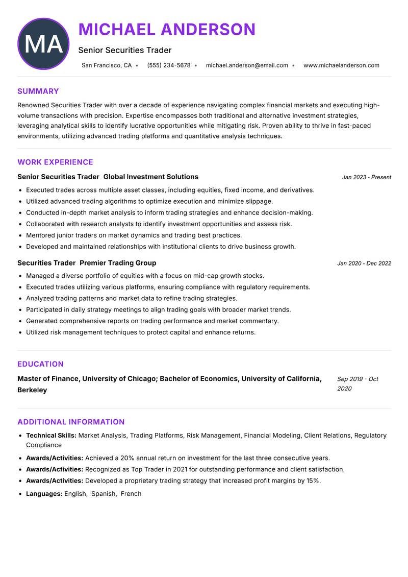 Securities Trader Resume Preview Example