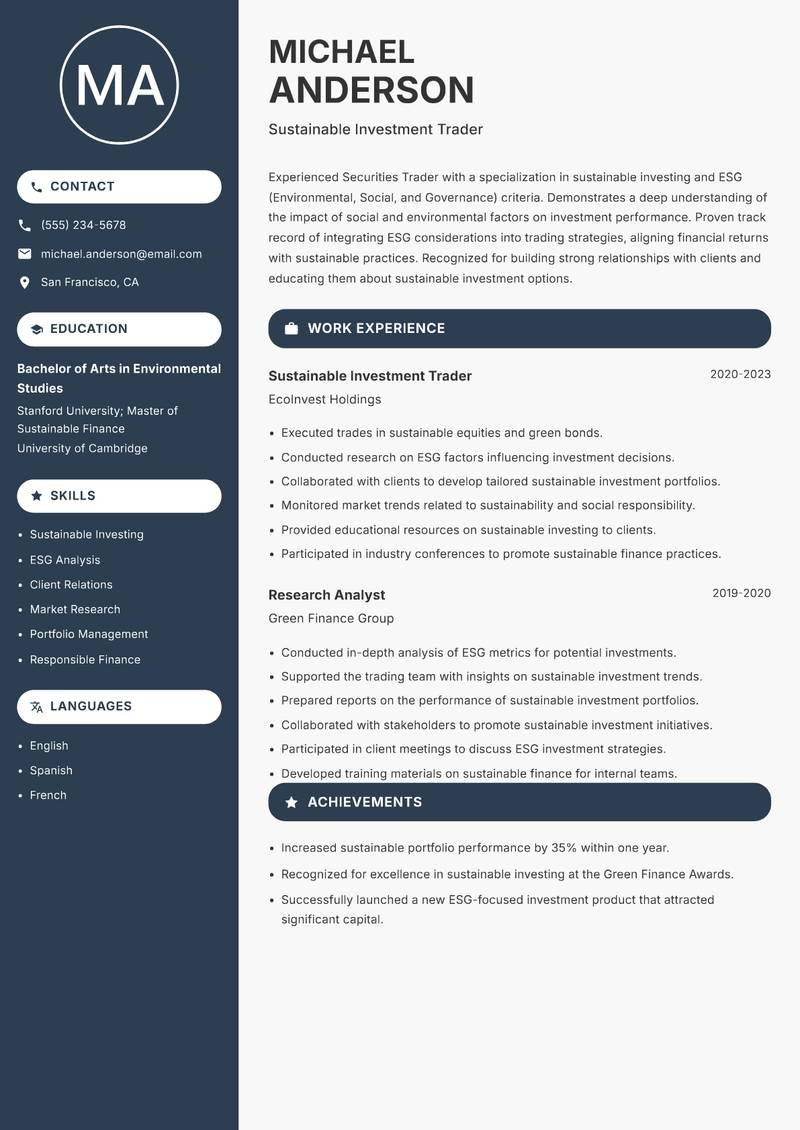 Securities Trader Resume Preview Example