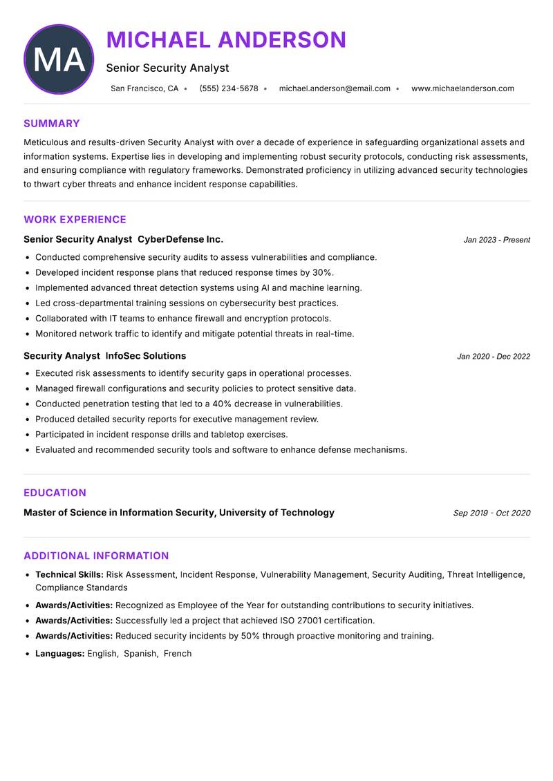 Security Analyst Resume Preview Example