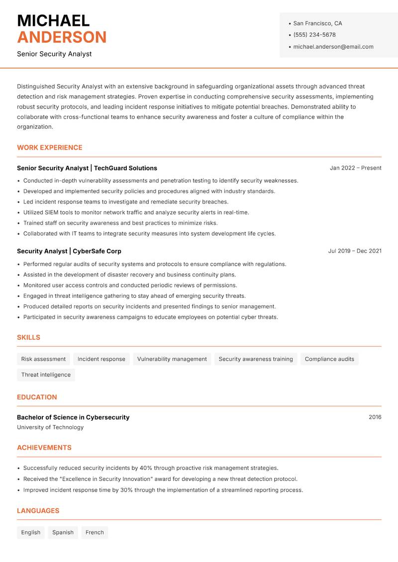 Security Analyst Resume Template