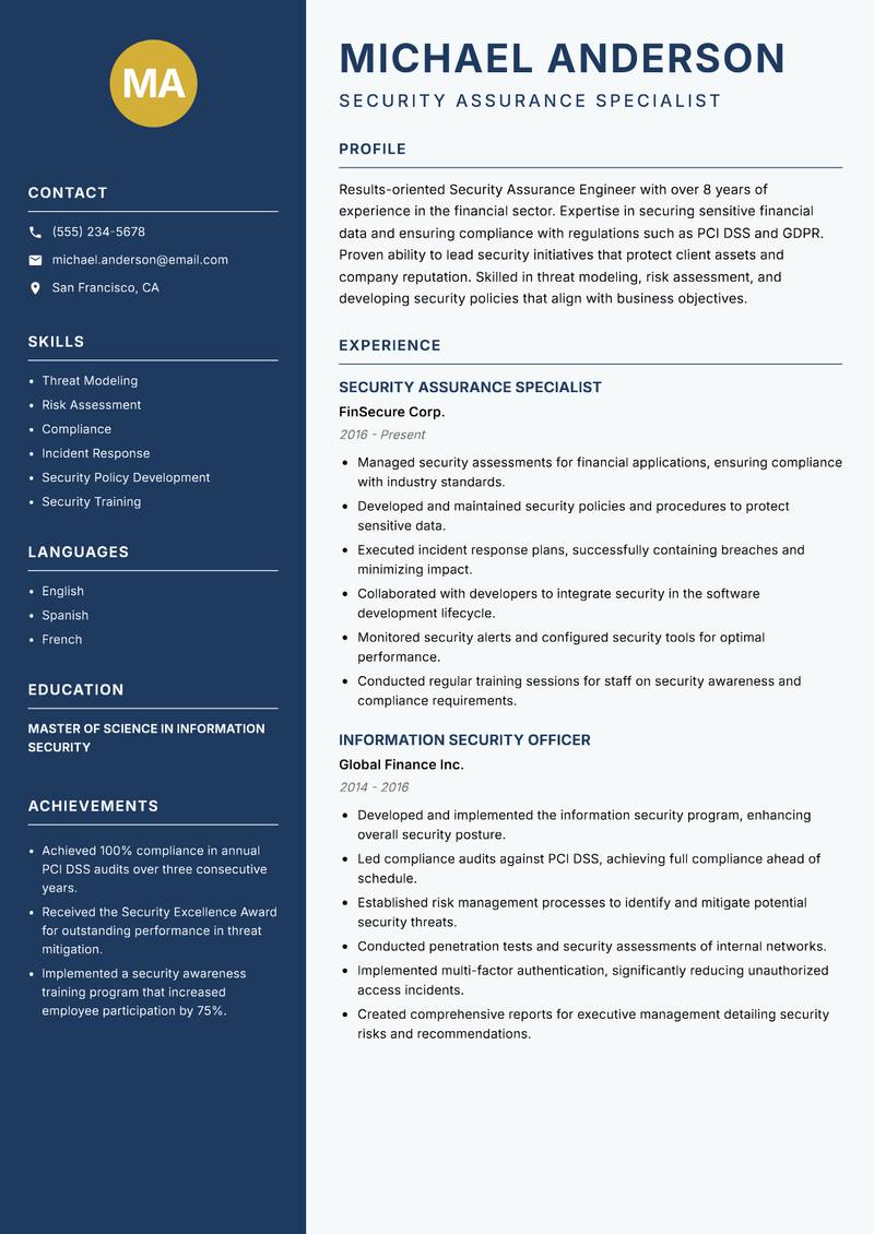 Security Assurance Engineer Resume Preview Example