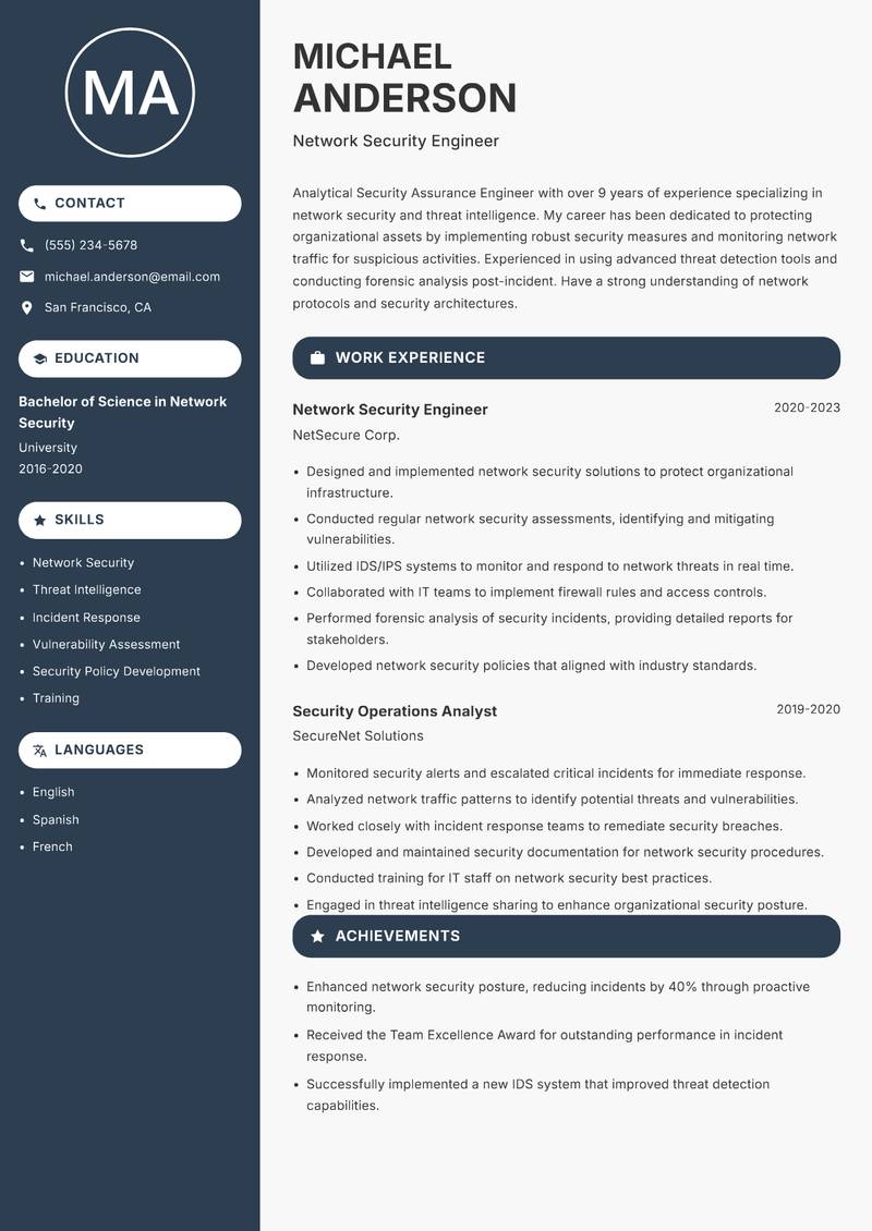 Security Assurance Engineer Resume Preview Example