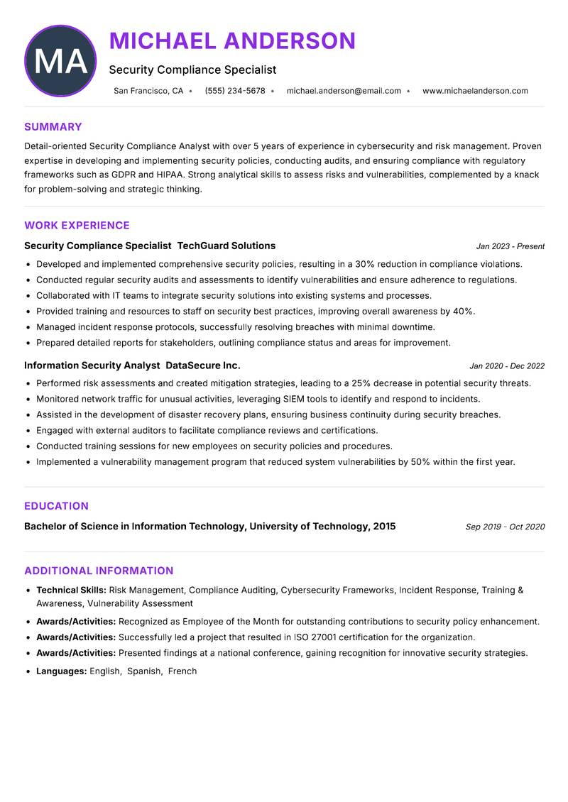 Security Compliance Analyst Resume Preview Example