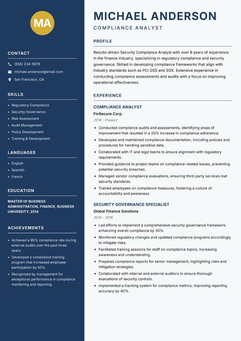 Security Compliance Analyst Resume Preview Example
