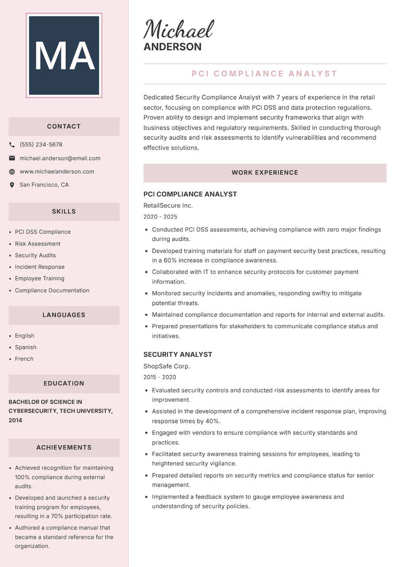 Security Compliance Analyst Resume Preview Example