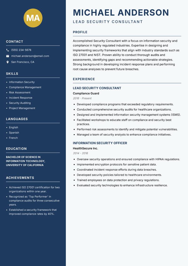 Security Consultant Resume Preview Example