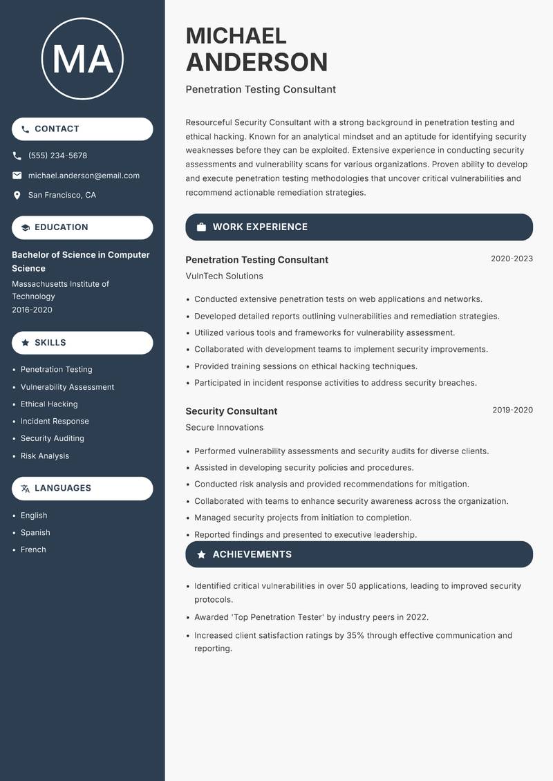 Security Consultant Resume Preview Example