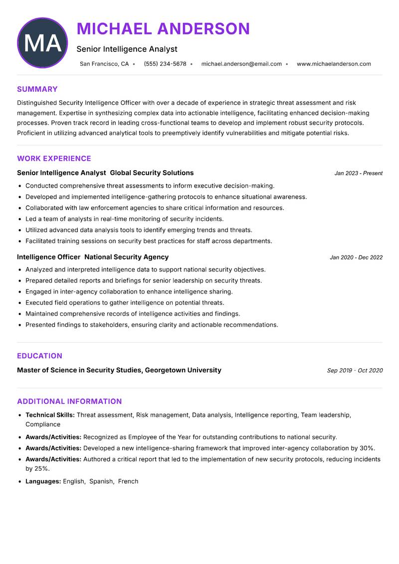 Security Intelligence Officer Resume Preview Example