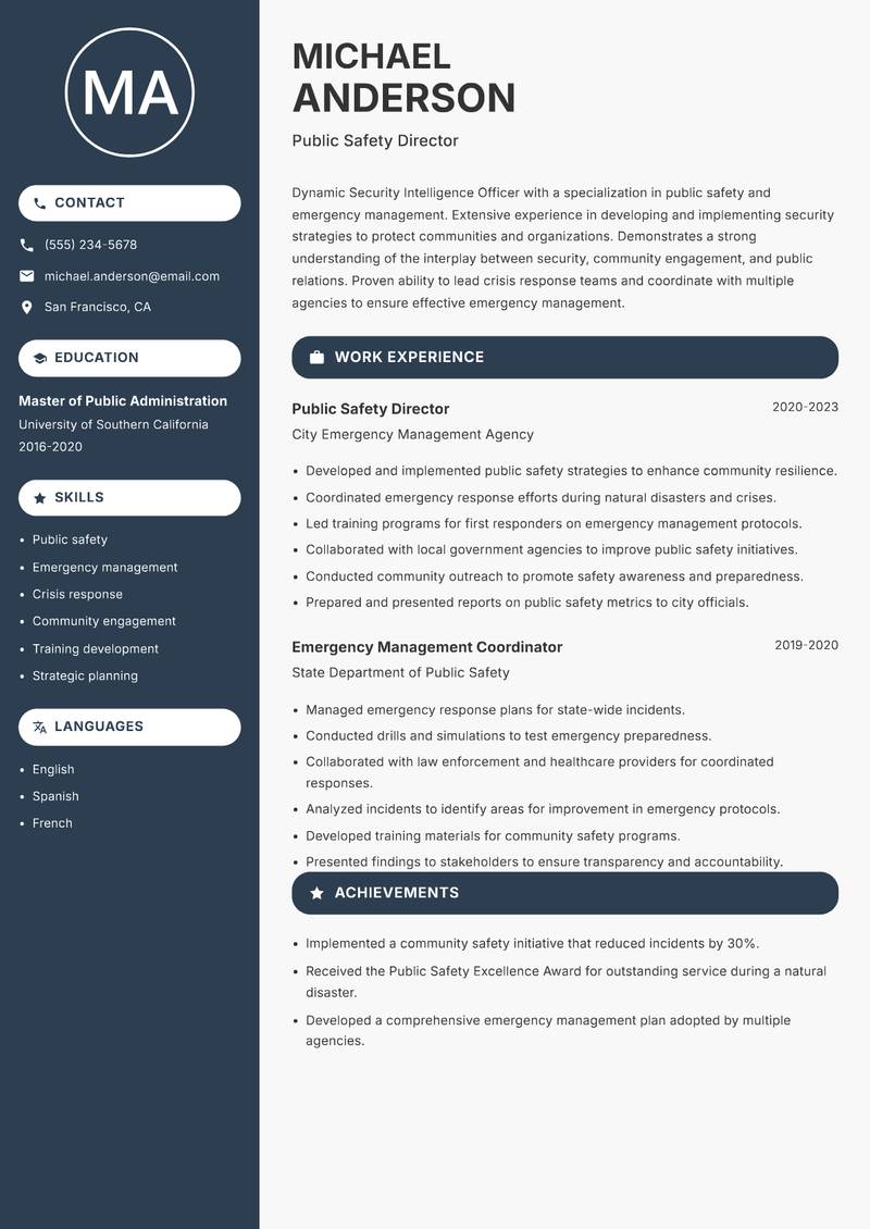 Security Intelligence Officer Resume Preview Example