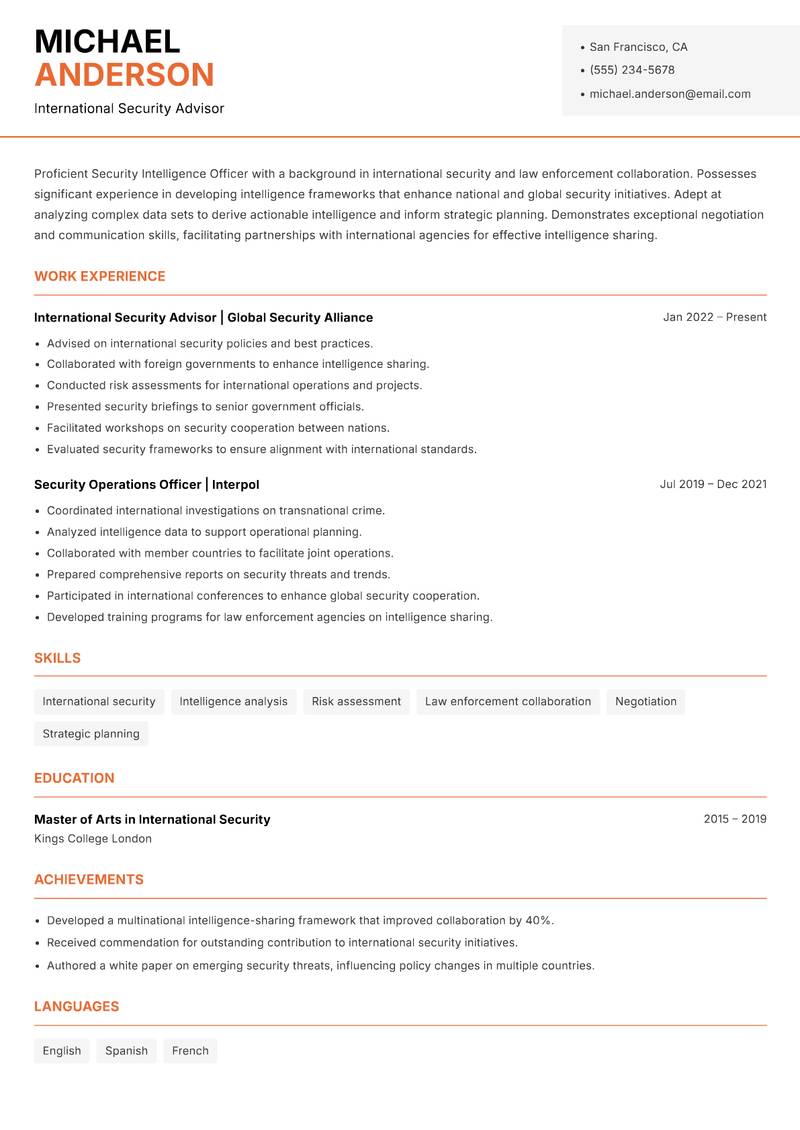 Security Intelligence Officer Resume Template