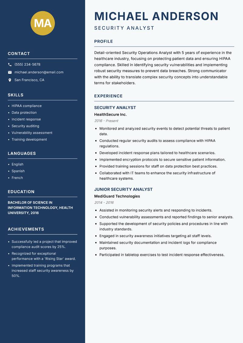 Security Operations Analyst Resume Preview Example
