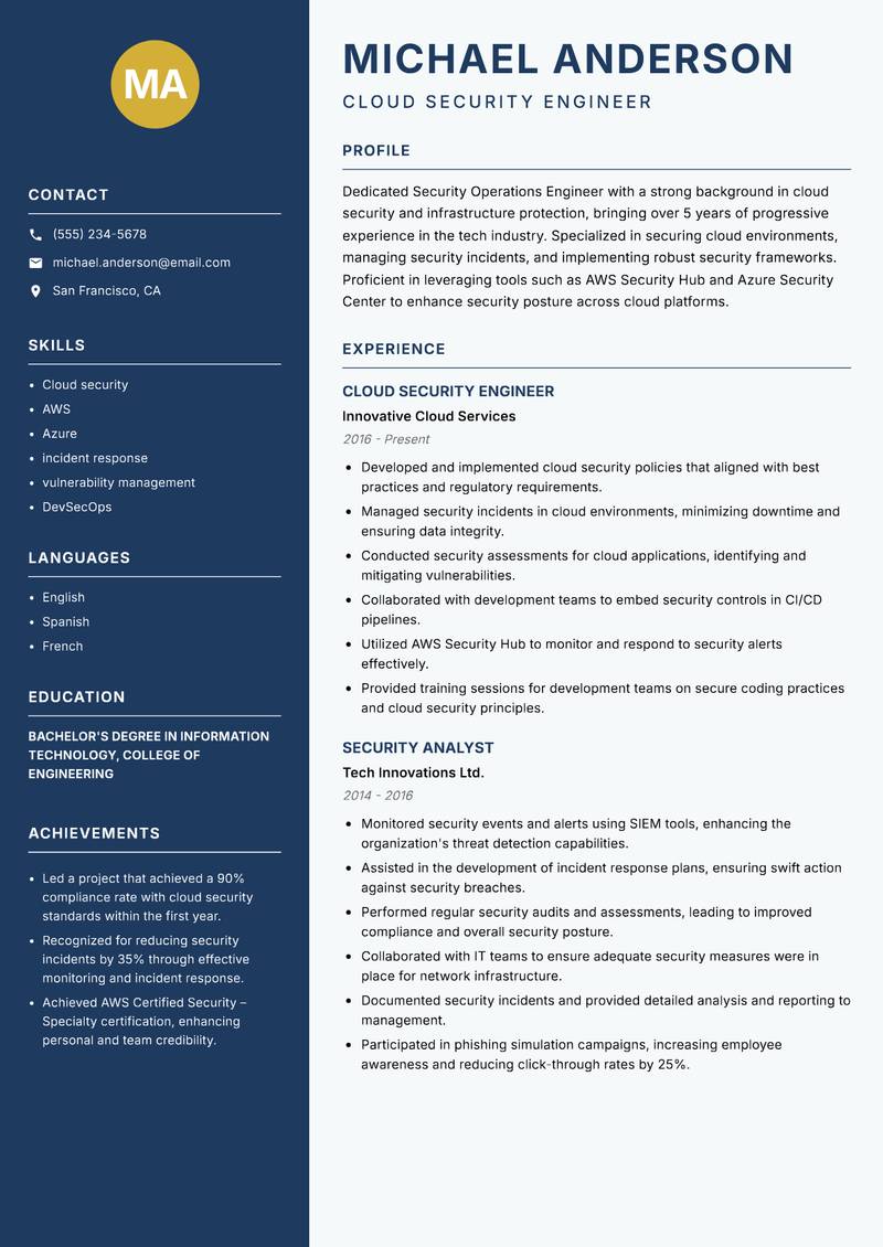 Security Operations Engineer Resume Preview Example