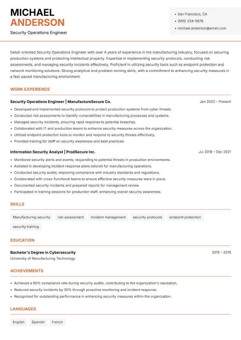 Security Operations Engineer Resume Template