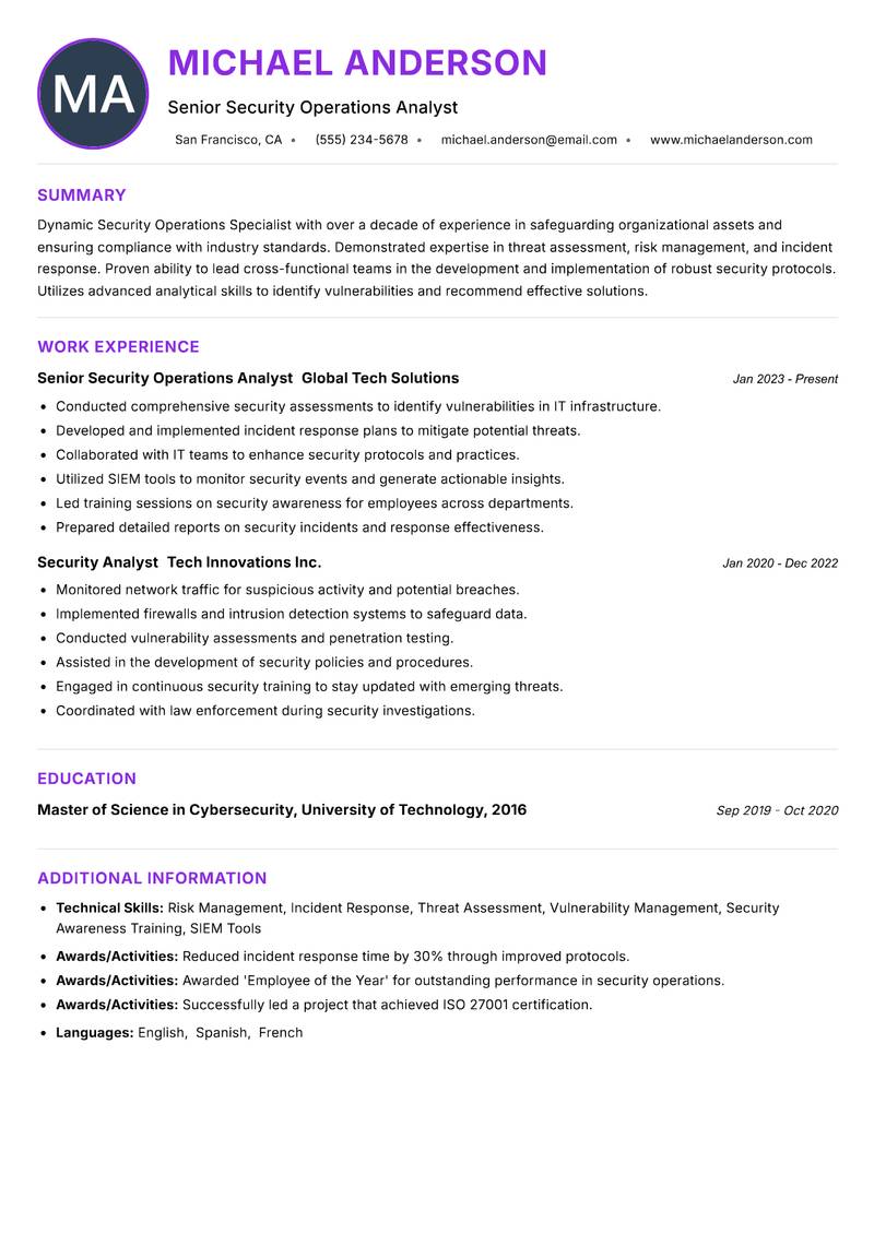 Security Operations Specialist Resume Preview Example