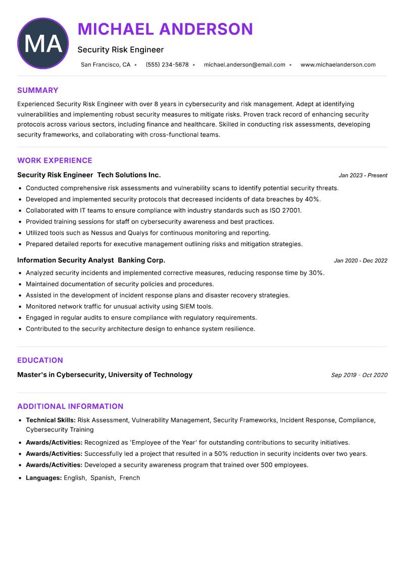 Security Risk Engineer Resume Preview Example