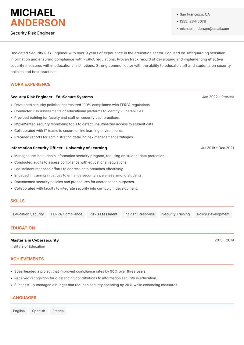 Security Risk Engineer Resume Template