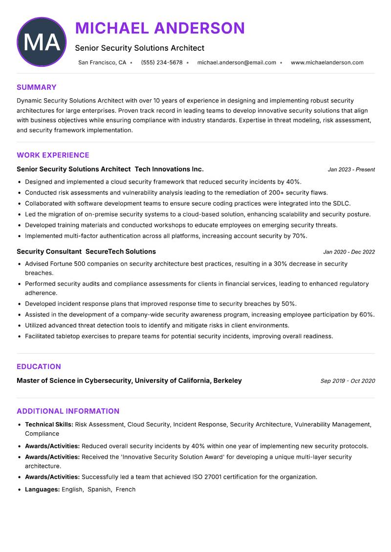 Security Solutions Architect Resume Preview Example